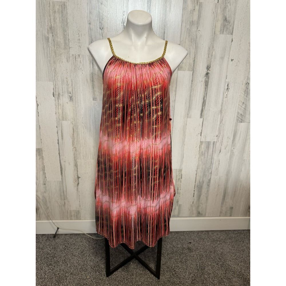 ACE Fashion Chain Strap Cami Dress Womens Large Red Black Abstract Striped Shift - Picture 1 of 5